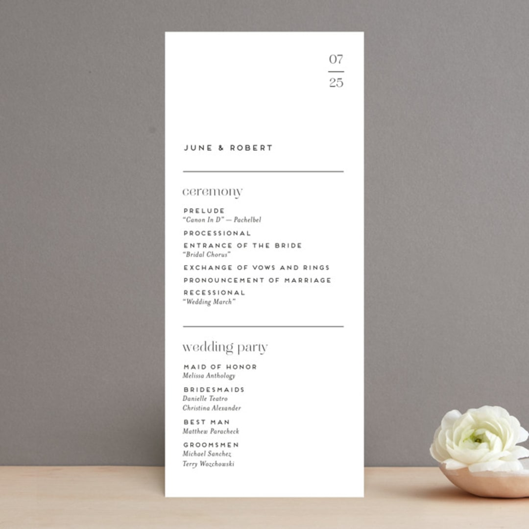 "Aligning" - Wedding Programs in Tuxedo by Genna Blackburn - Front