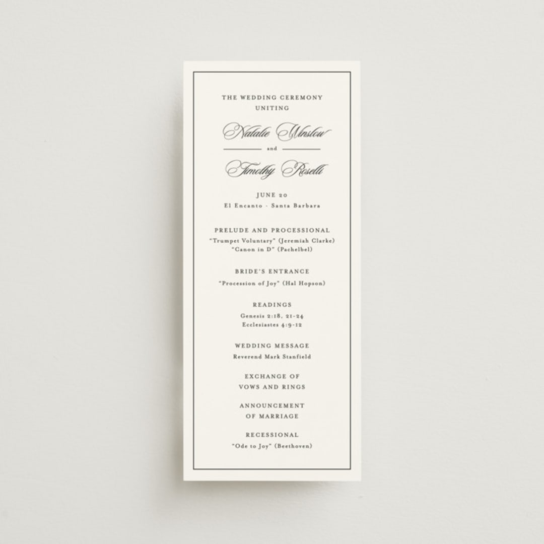"Sincerity" - Wedding Programs in Noir by Kimberly FitzSimons - Front
