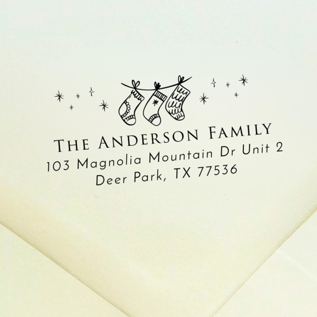 "Christmas Stockings Address Stamp | Self Inking Return Address Stamp" - Address Stamps in black by Samantha Malvey