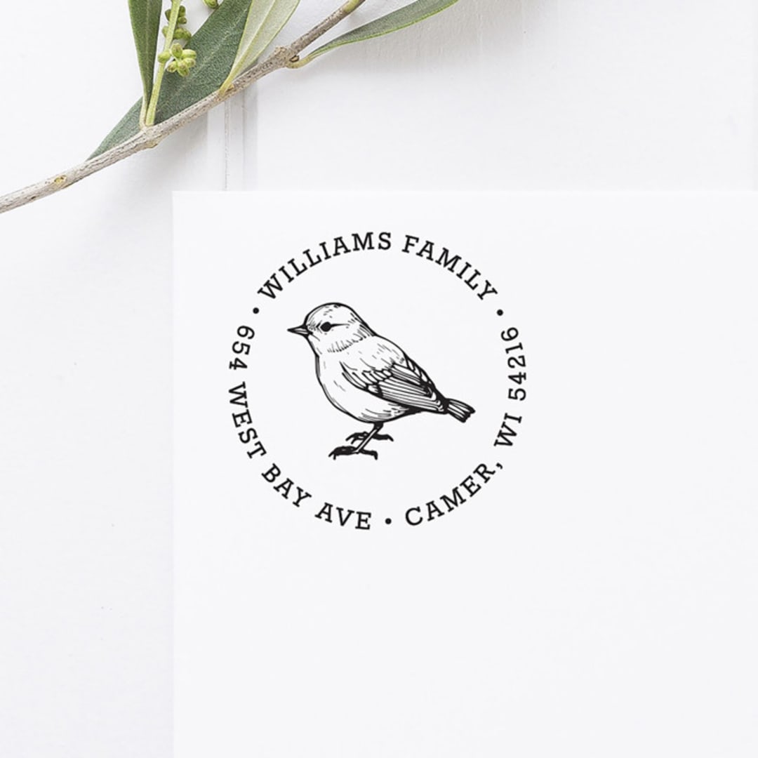 "Bird Return Address Stamp, Round Self Inking" - Address Stamps in black by Port of Reverie