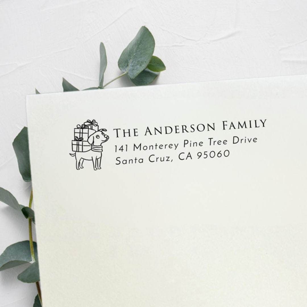 "Christmas Dog Address Stamp | Self Inking Return Address Stamp" - Address Stamps in black by Samantha Malvey