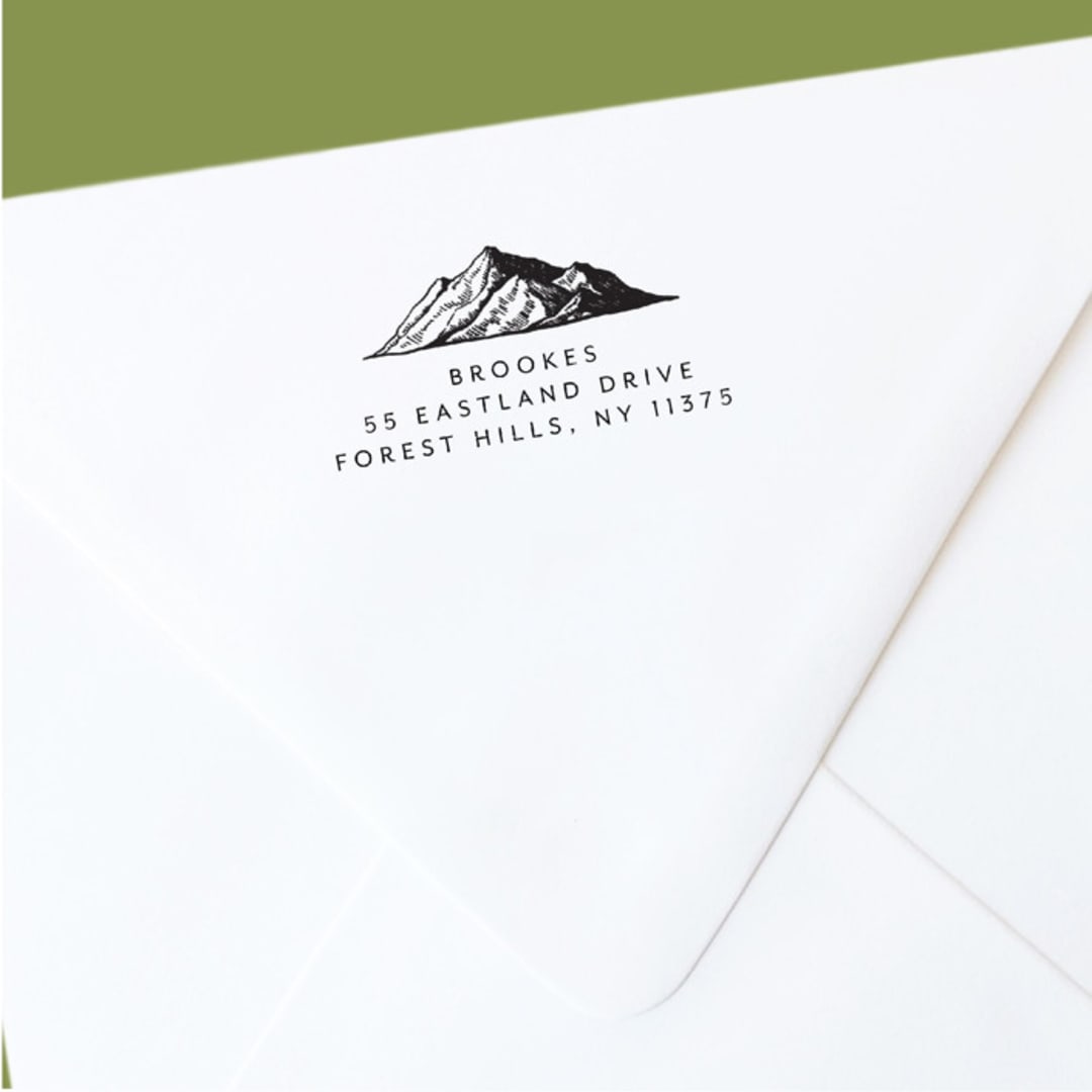 "Custom Return Address Stamp | Outdoor Mountain Wedding Design | Self-Inking" - Address Stamps in black by The Homebody Society