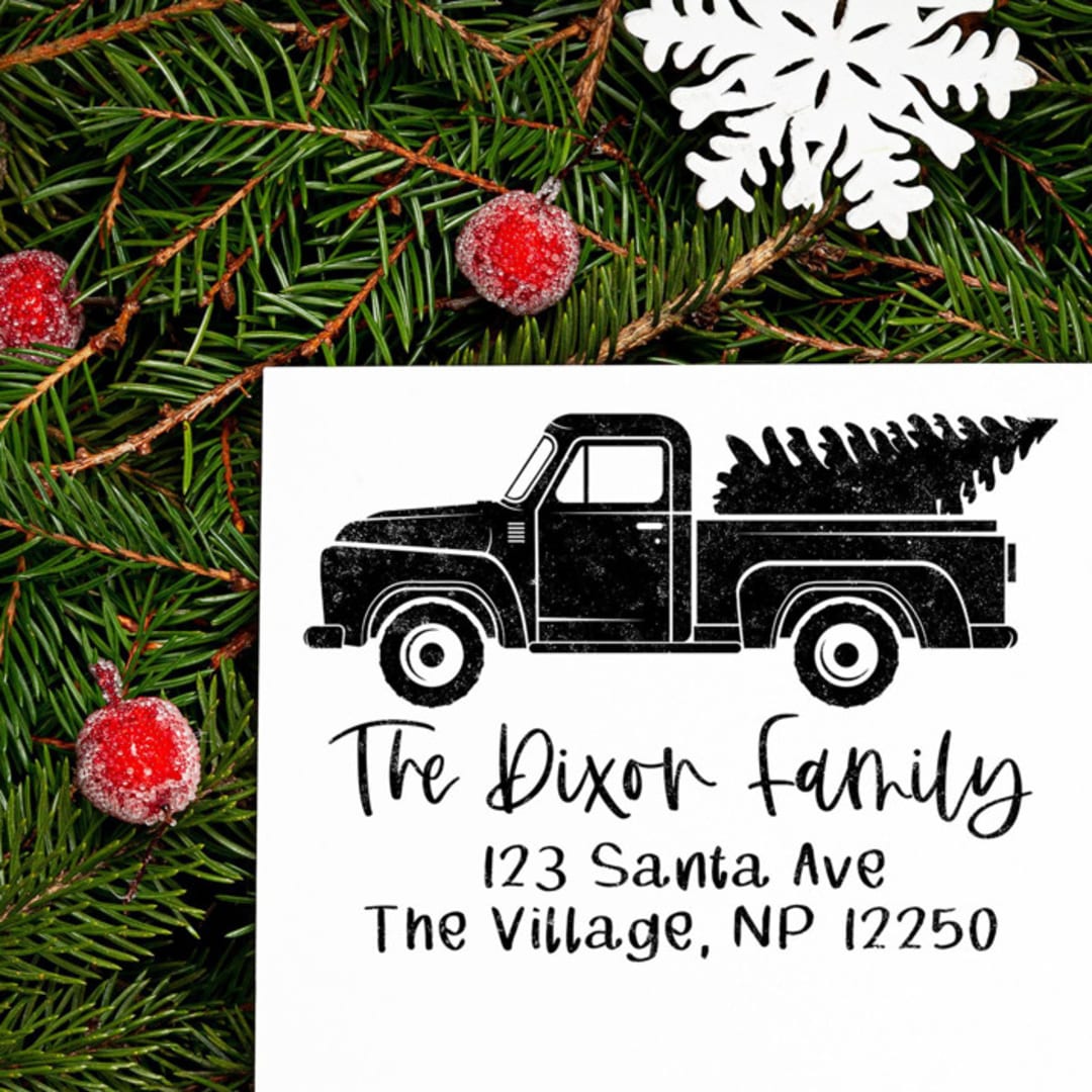 "Custom Holiday Truck Address Stamp | Self-Inking | Black Ink" - Address Stamps in black by Casey Harp