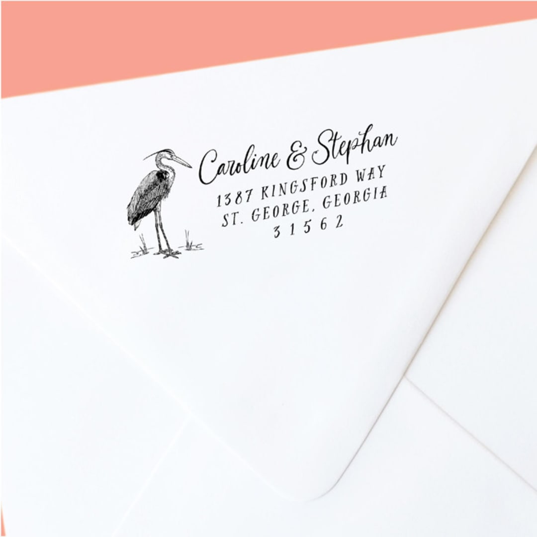 "Custom Return Address Stamp | Blue Heron Design | Beach Theme | Destination Wedding | Self-Inking" - Address Stamps in black by The Homebody Society
