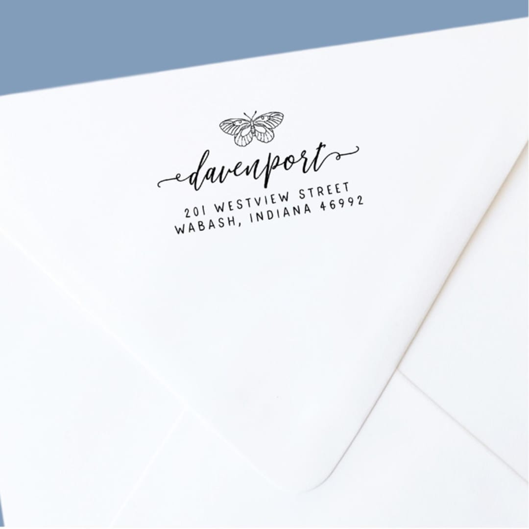 "Custom Return Address Stamp | Moth With Romantic Script Design | Self-Inking" - Address Stamps in black by The Homebody Society