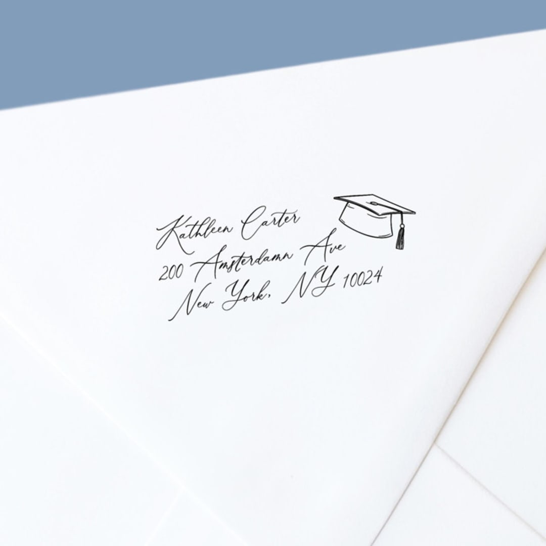 "Personalized Script Style Self-Inking Return Address Stamp | Graduation Hat | Graduation Annoucements" - Address Stamps in black by The Homebody Society