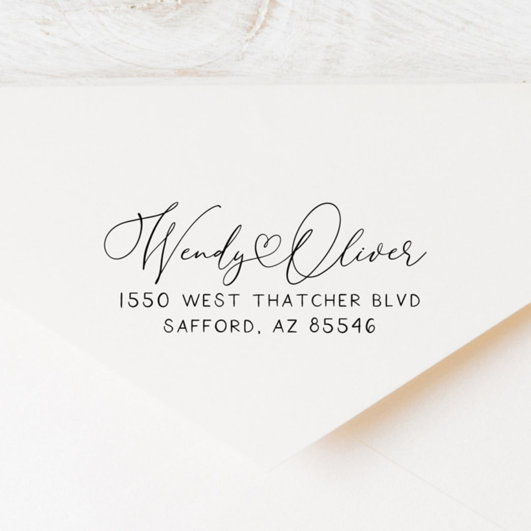 "Elegant Custom Address Stamp with first names linked with a heart | Self Inking" - Address Stamps in black by Sara Luke