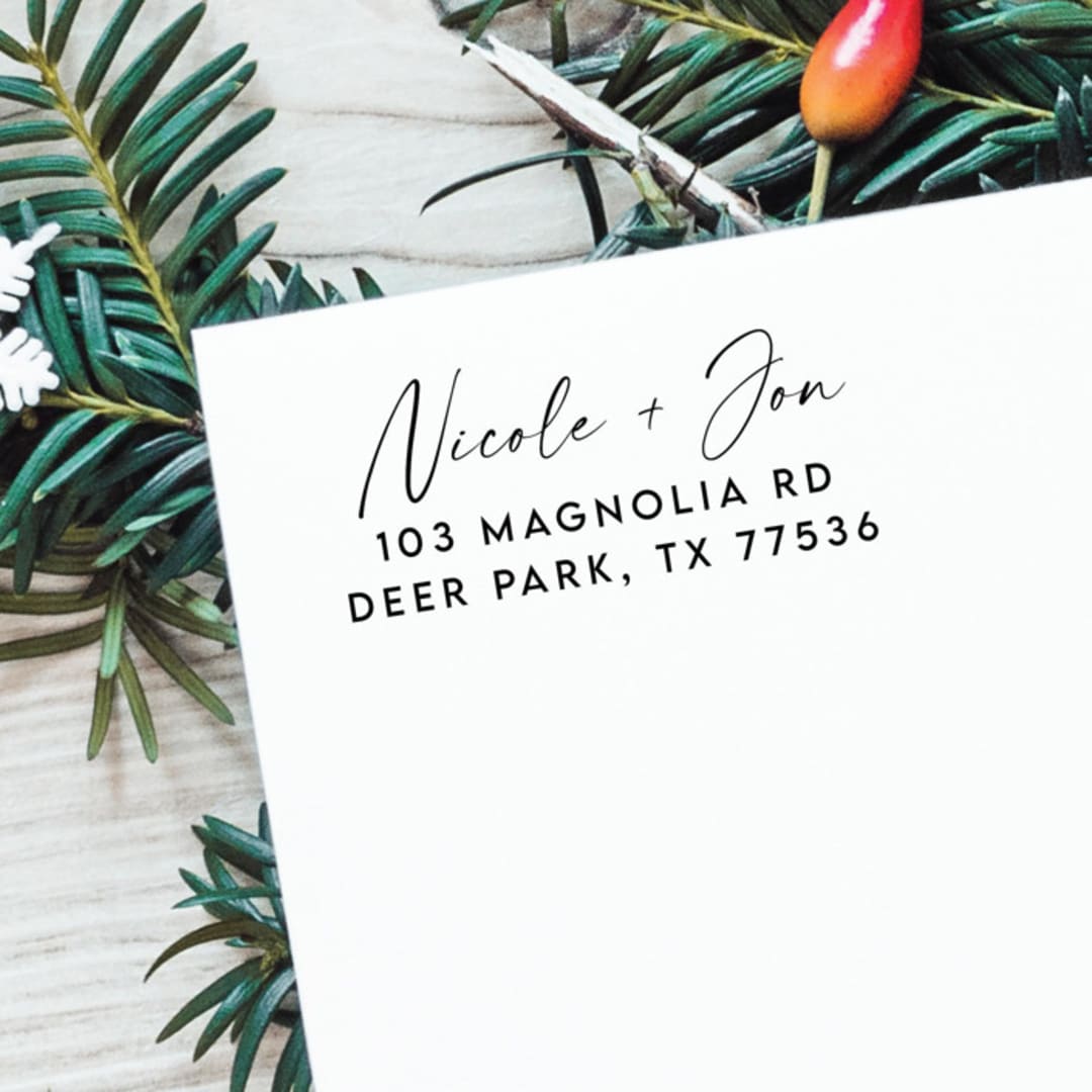 "Holiday Couple Stamp | Self Inking Return Address Stamp" - Address Stamps in black by Samantha Malvey