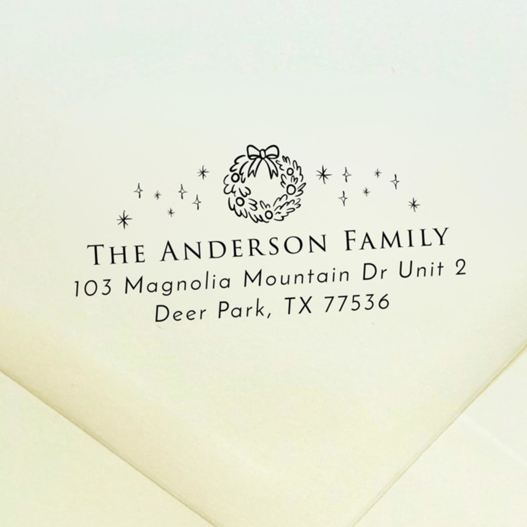 "Wreath Address Stamp | Self Inking Return Address Stamp" - Address Stamps in black by Samantha Malvey