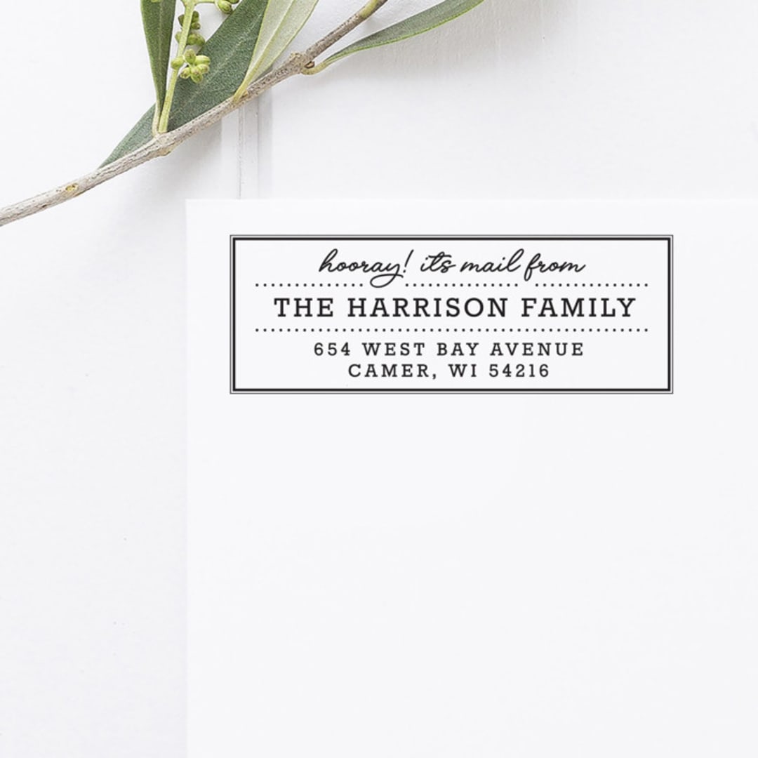 "Retro Return Address Stamp, Self Inking Rectangle" - Address Stamps in black by Port of Reverie