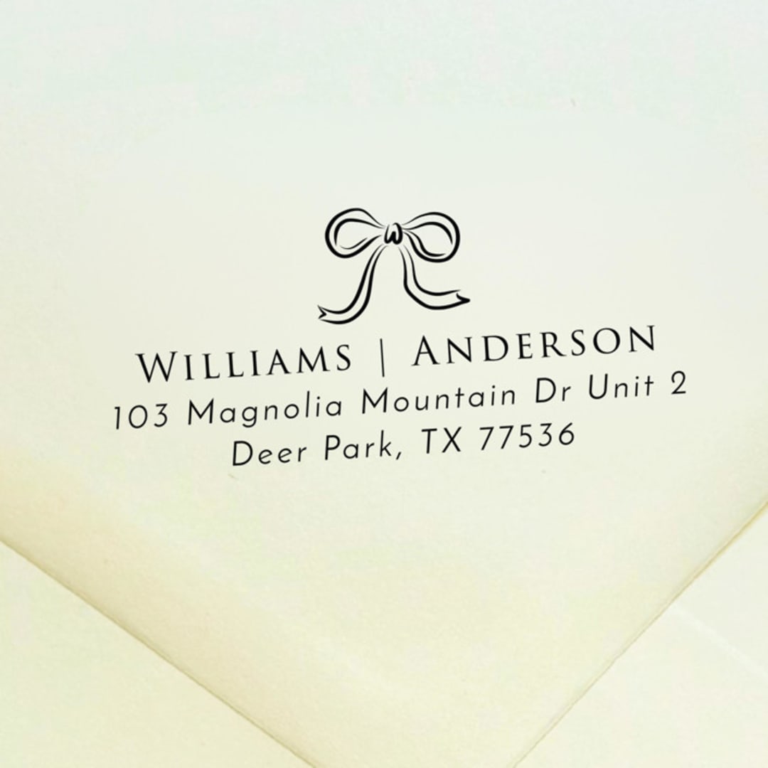 "Ribbon Bow Address Stamp | Self Inking Return Address Stamp" - Address Stamps in black by Samantha Malvey