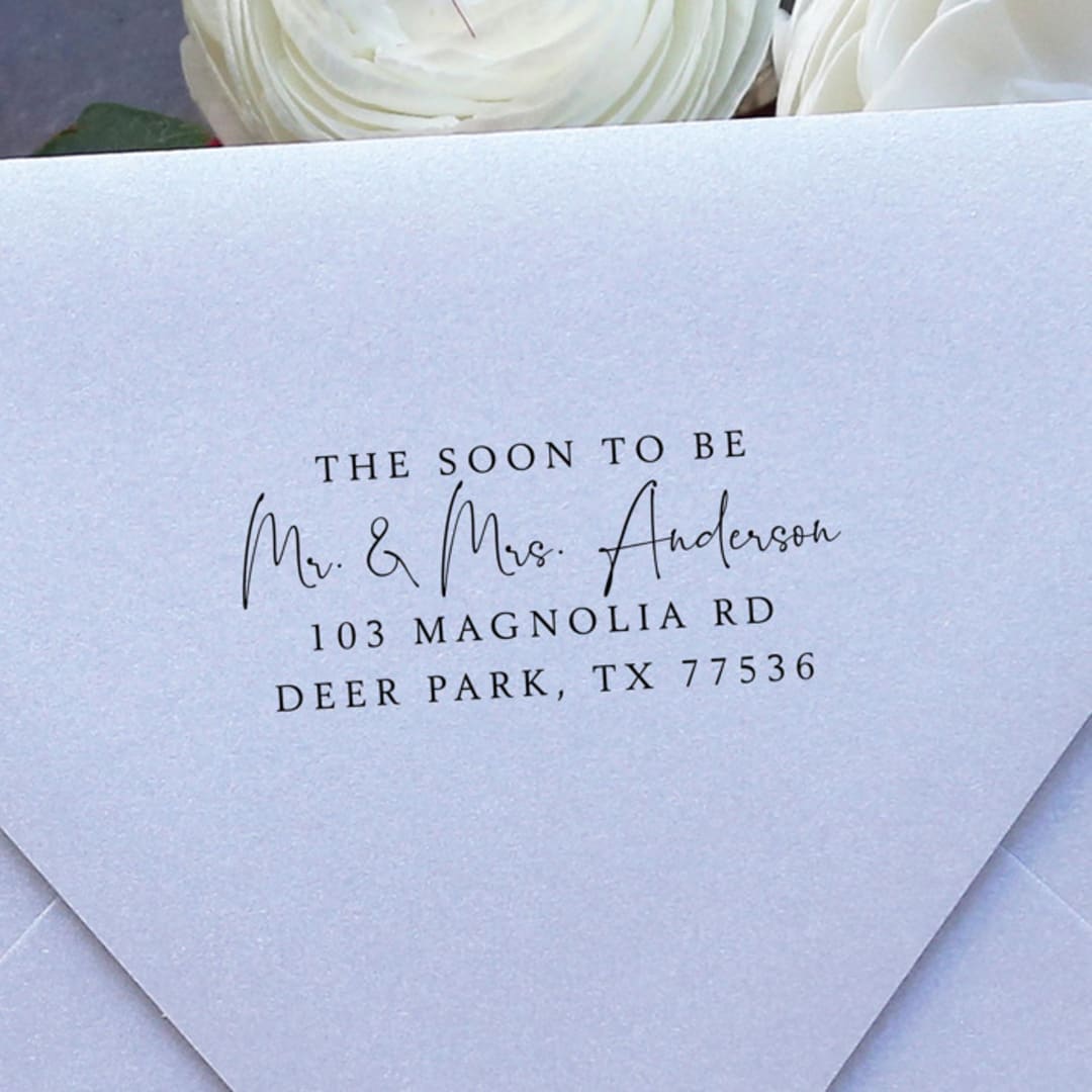 "Custom Name Engagement Address Stamp  | Self Inking Return Address Stamp" - Address Stamps in black by Samantha Malvey