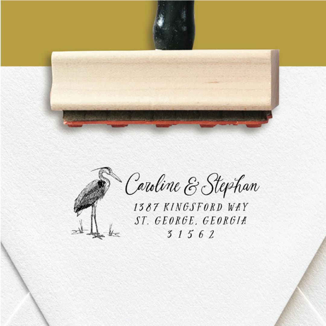 "Custom Return Address Stamp | Blue Heron Design | Beach Theme | Destination Wedding" - Address Stamps in black by The Homebody Society