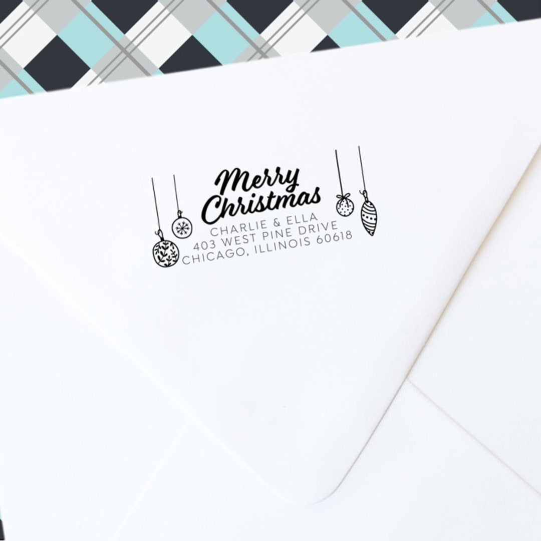 "Christmas Ornaments Self-Inking Address Stamp" - Address Stamps in black by The Homebody Society