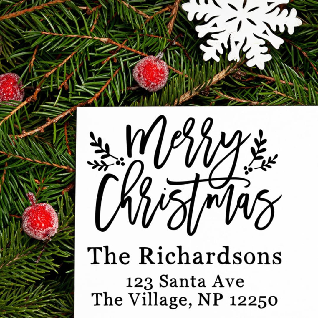 "Custom Merry Christmas Address Stamp | Self-Inking | Black Ink" - Address Stamps in black by Casey Harp