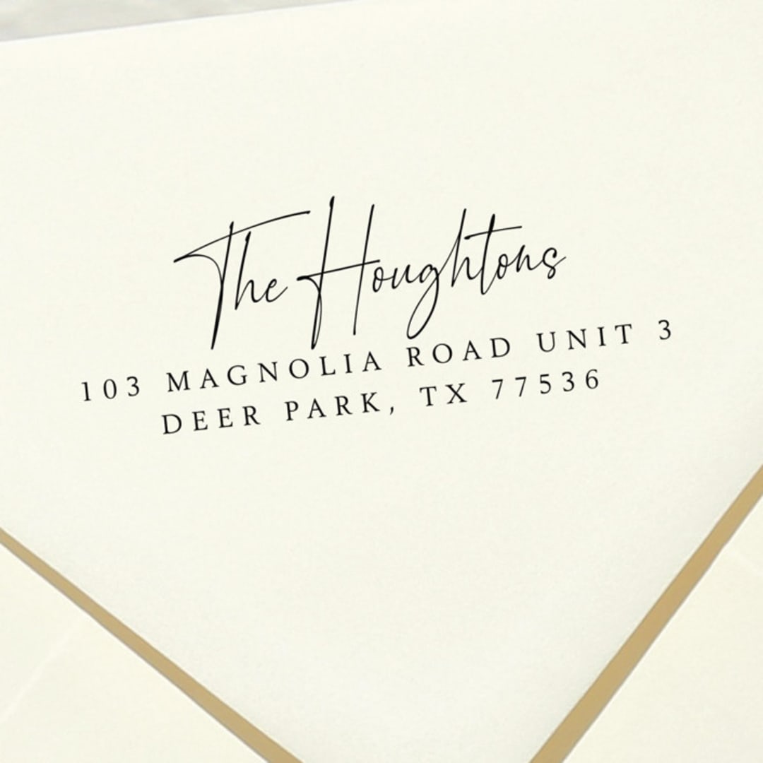 "Calligraphy Address Stamp | Self Inking Return Address Stamp" - Address Stamps in black by Samantha Malvey