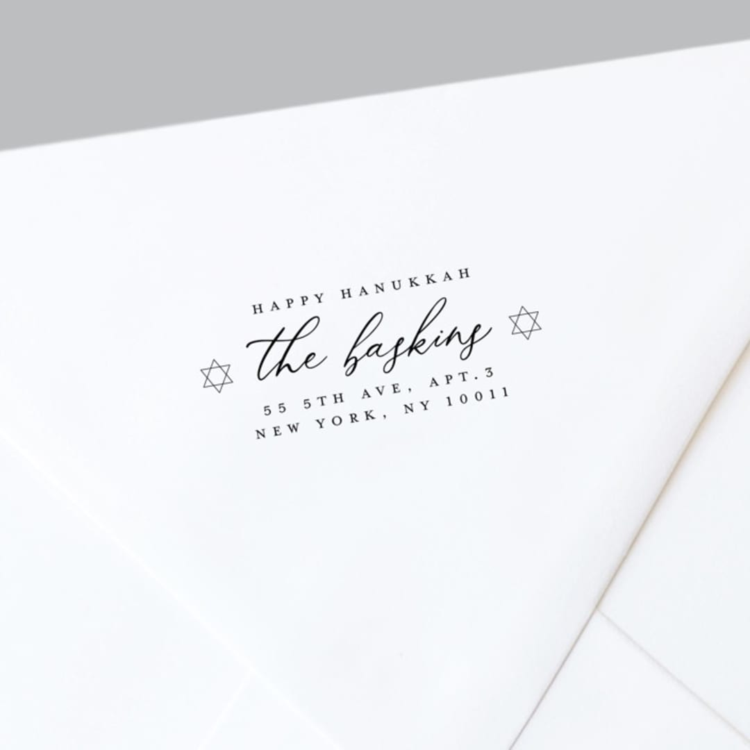 "Happy Hanukkah Self-Inking Address Stamp" - Address Stamps in black by The Homebody Society