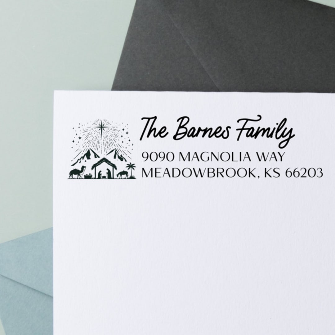 "Traditional Nativity Return Address Stamp for Christmas Cards | Self-Inking" - Address Stamps in black by Sara Luke