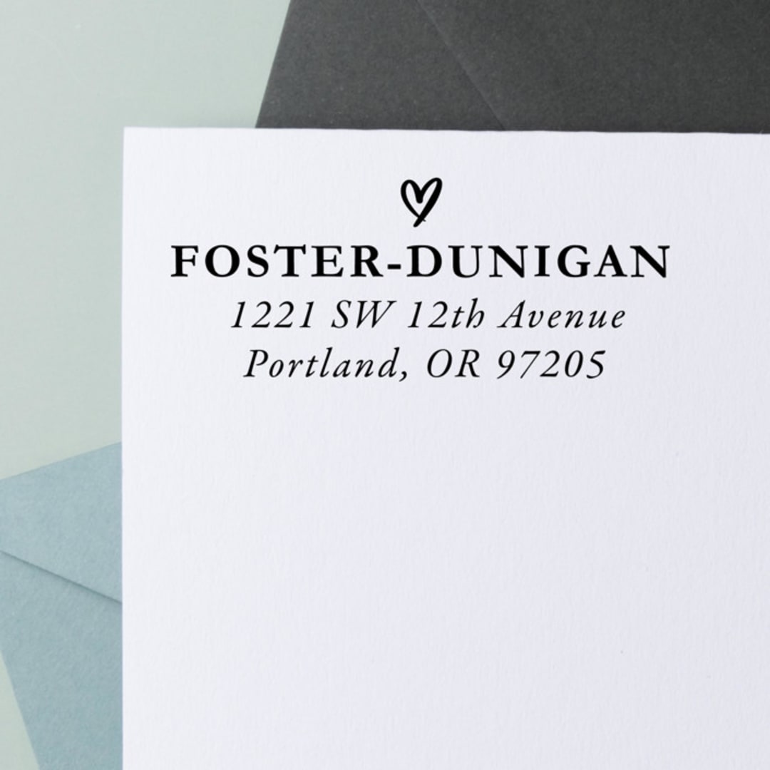 "Modern Heart Custom Address Stamp in Al Caps| Self Inking" - Address Stamps in black by Sara Luke