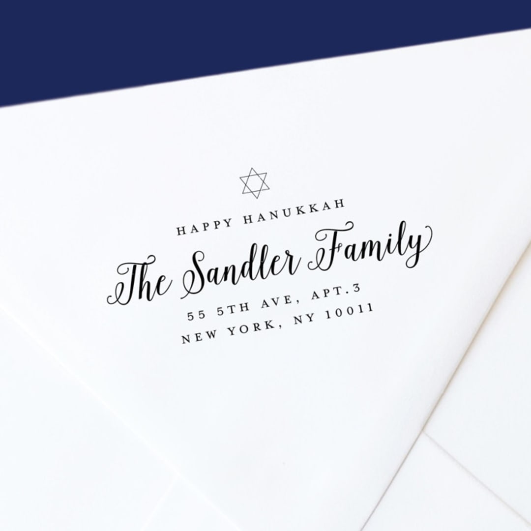 "Happy Hanukkah Self-Inking Address Stamp" - Address Stamps in black by The Homebody Society