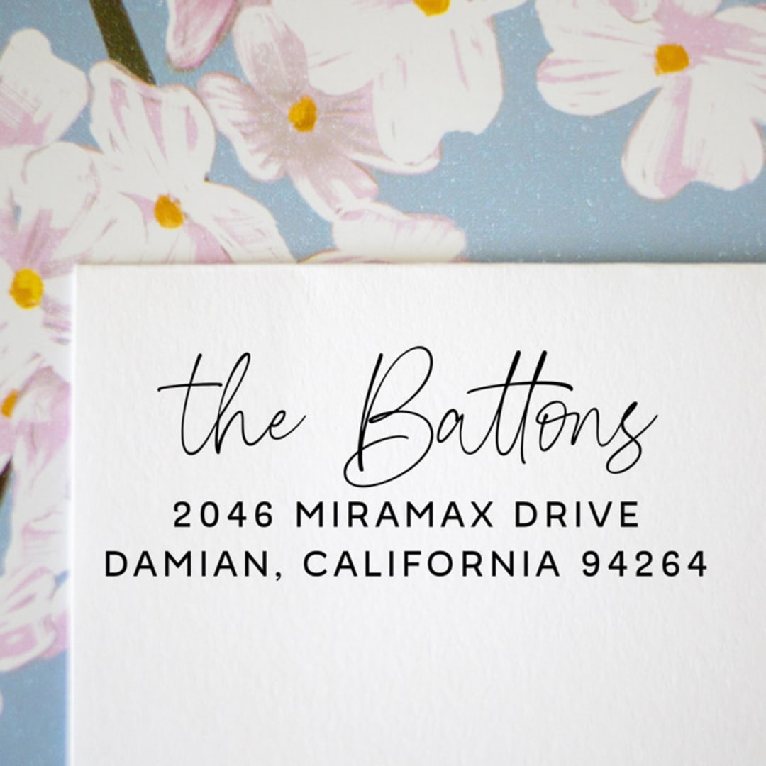 "Fun script Custom Address Stamp | Self Inking" - Address Stamps in black by Sara Luke