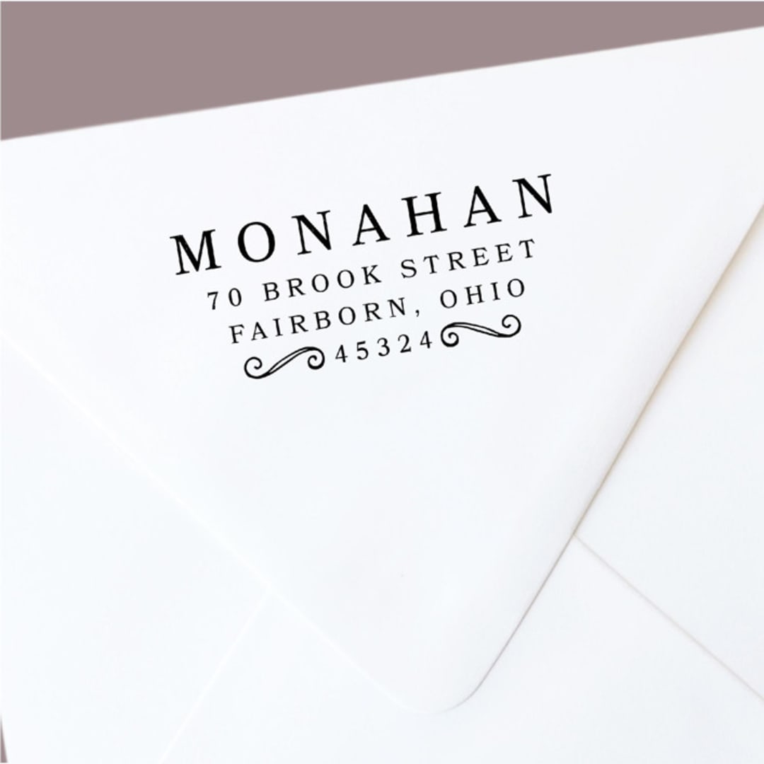 "Custom Return Address Stamp | Scroll Design | Bold and Beautiful | Self-Inking" - Address Stamps in black by The Homebody Society