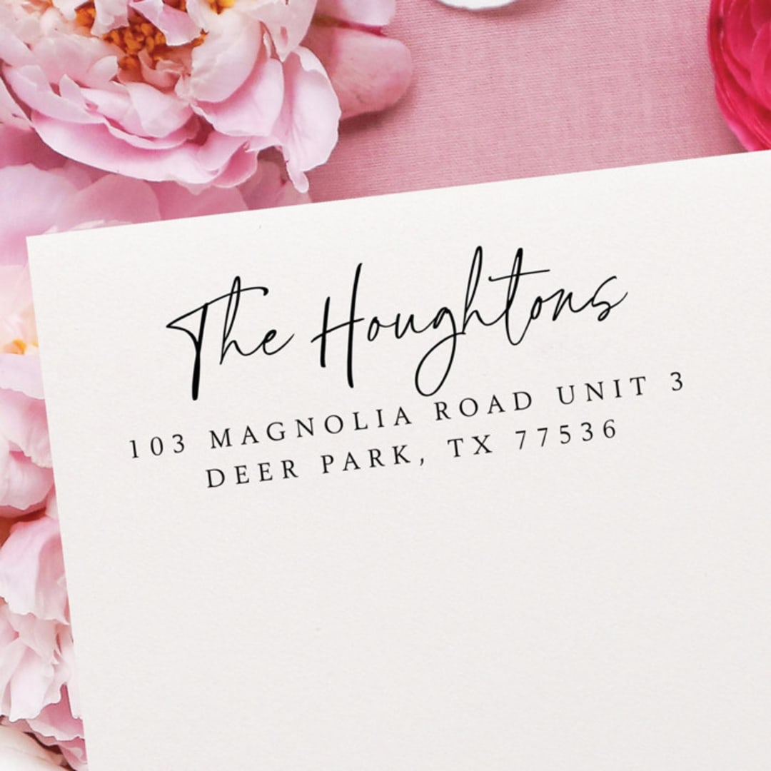 "Calligraphy Address Stamp | Self Inking Return Address Stamp" - Address Stamps in black by Samantha Malvey