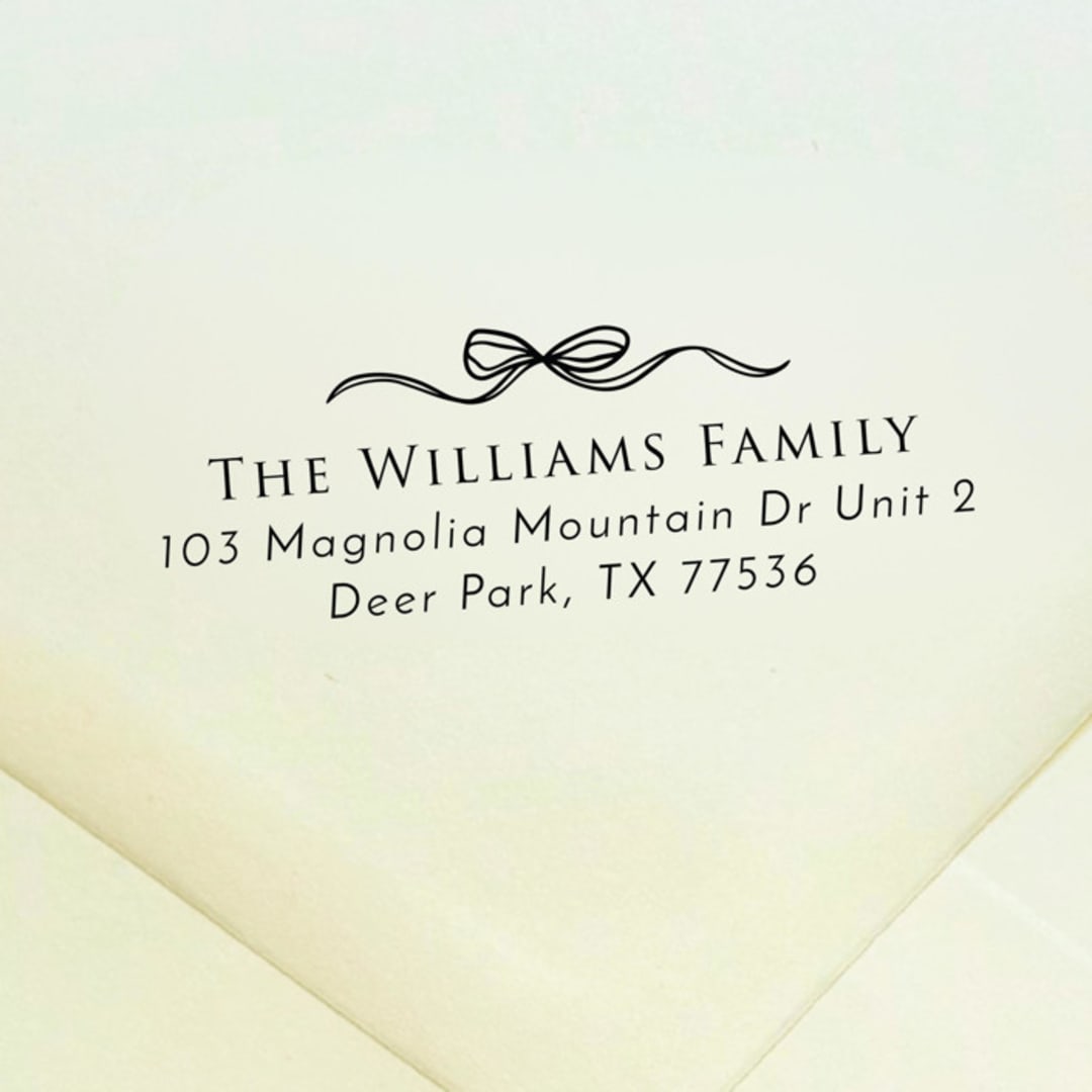 "Elegant Bow Address Stamp | Self Inking Return Address Stamp" - Address Stamps in black by Samantha Malvey