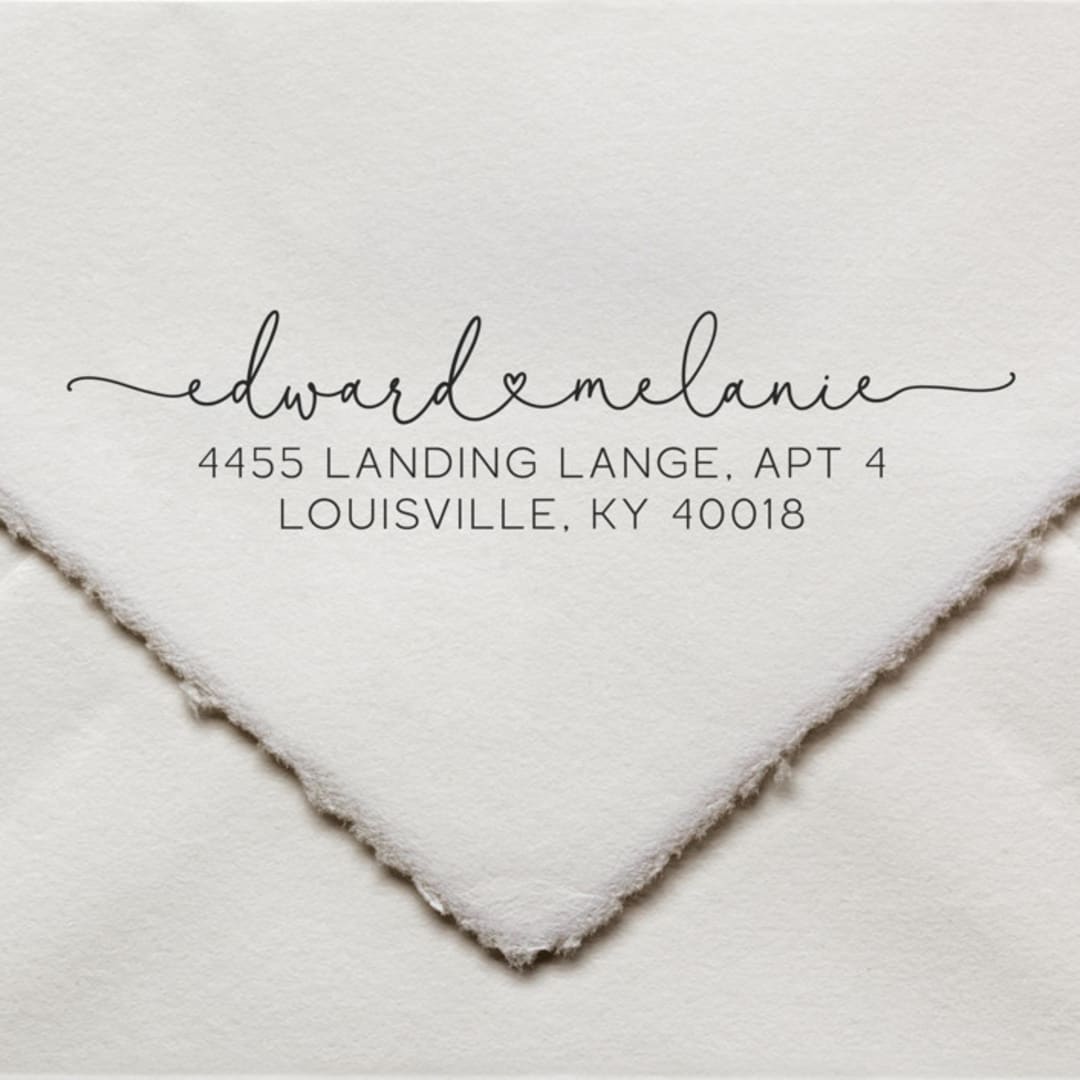 "Custom Address Stamp with first names linked with a heart | Self Inking" - Address Stamps in black by Sara Luke