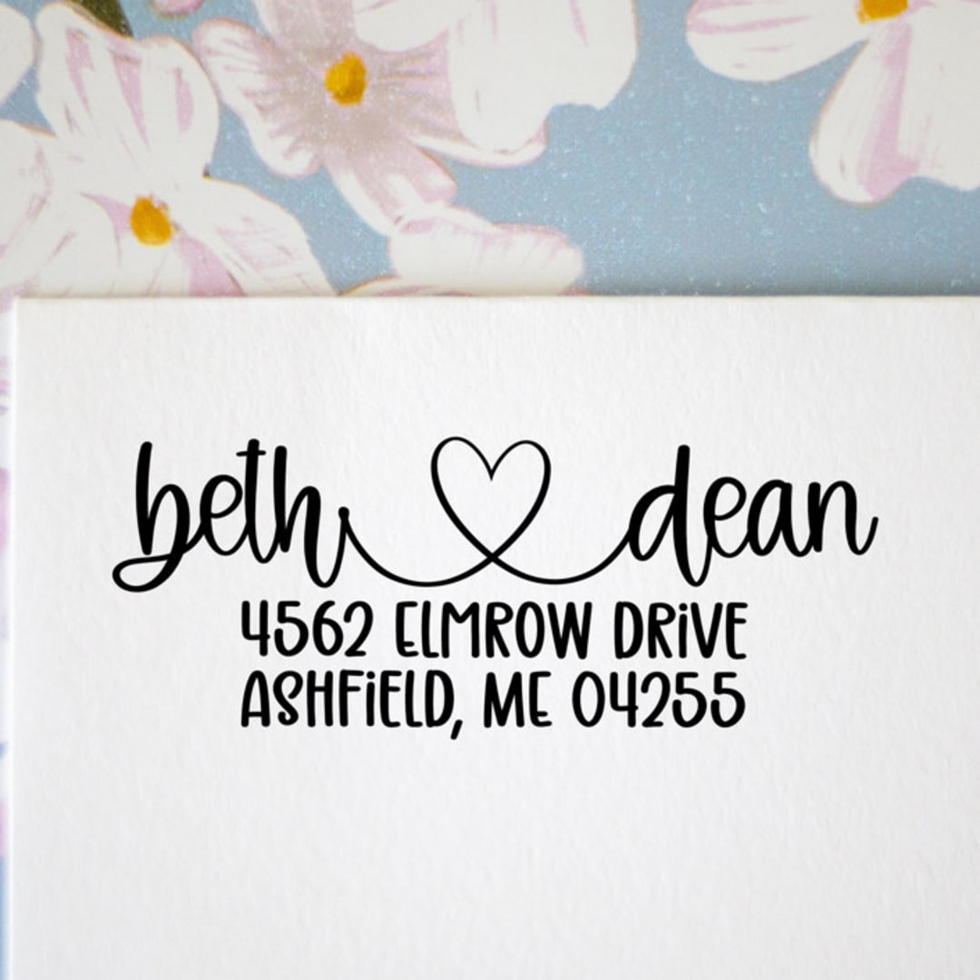 "Custom Address Stamp with first names linked with a heart | Self Inking" - Address Stamps in black by Sara Luke