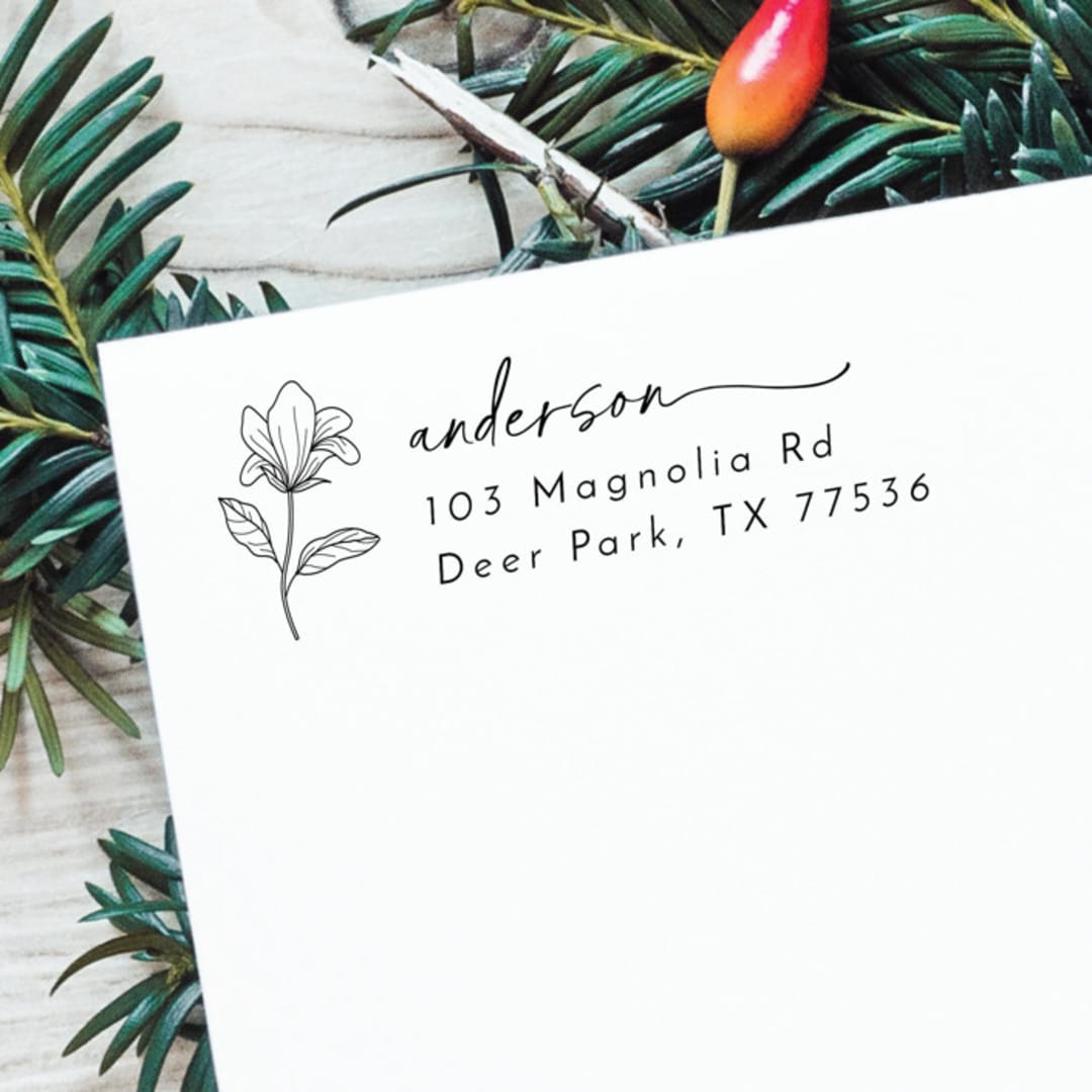 "Lily Holiday Address Stamp | Self Inking Return Address Stamp" - Address Stamps in black by Samantha Malvey