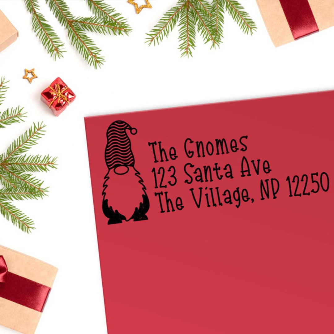 "Custom Holiday Gnome Address Stamp | Self-Inking | Black Ink" - Address Stamps in black by Casey Harp