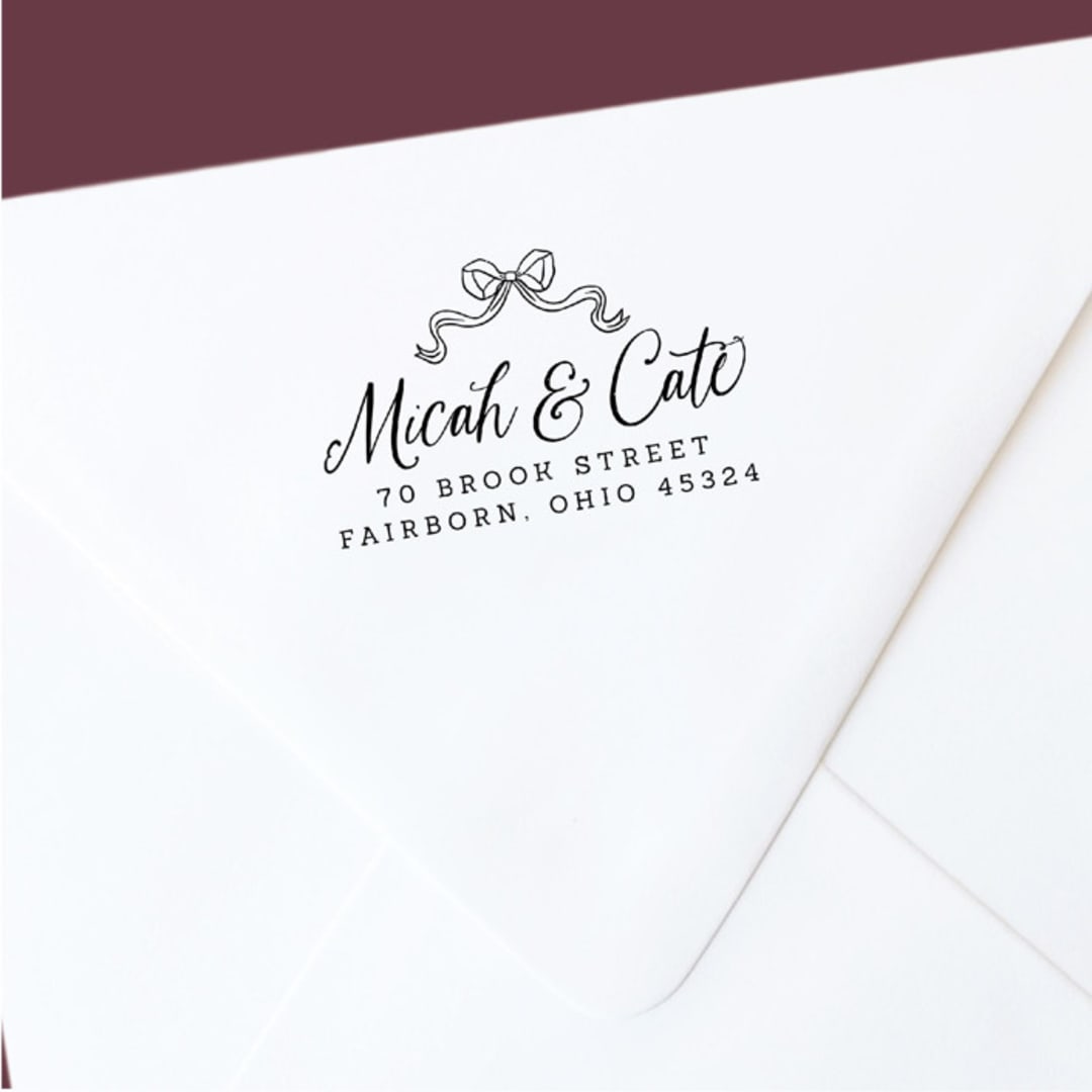 "Custom Return Address Stamp | Victorian Bow Design | Self-Inking" - Address Stamps in black by The Homebody Society