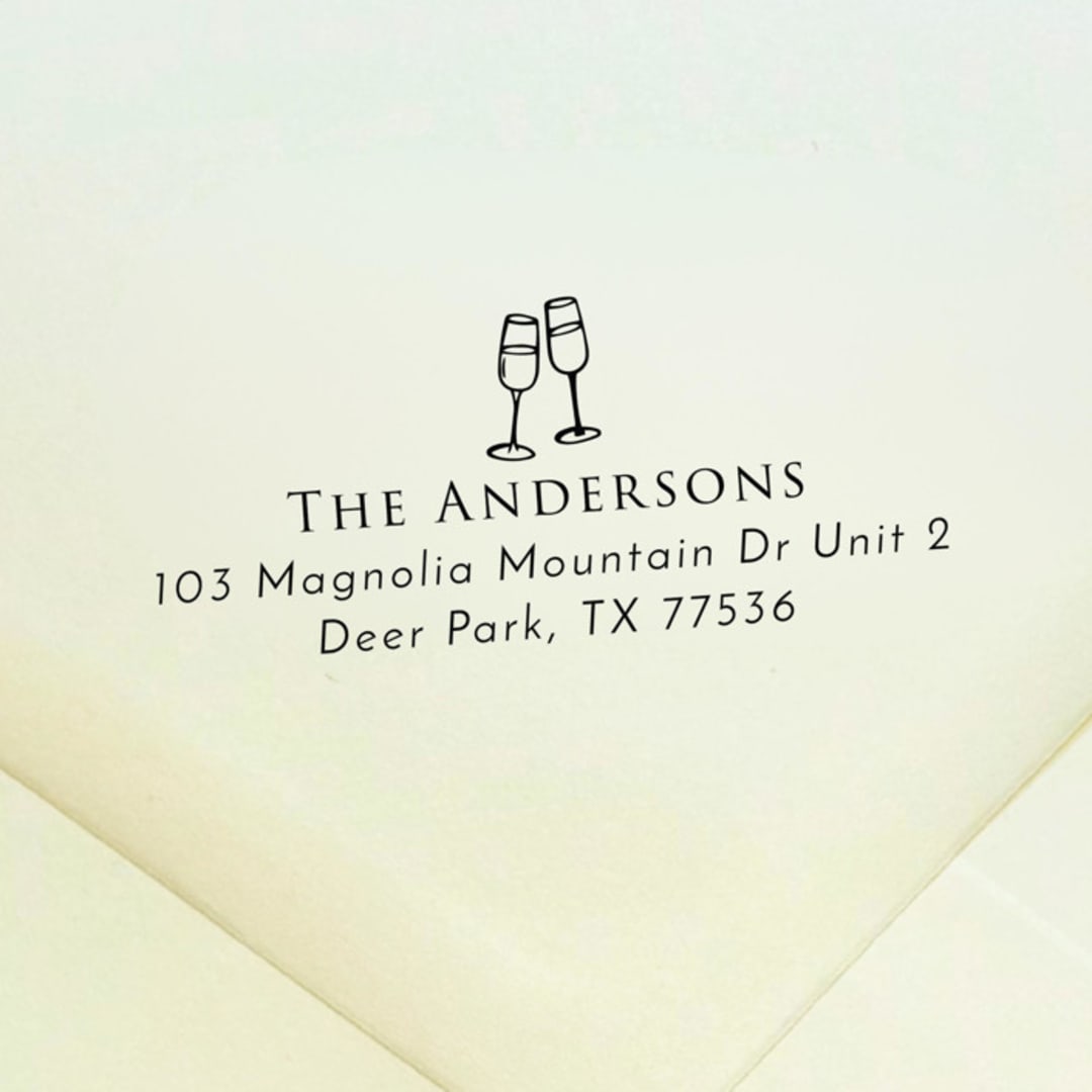 "Champagne Glasses Address Stamp | Self Inking Return Address Stamp" - Address Stamps in black by Samantha Malvey