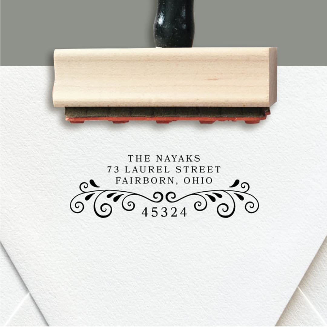 "Custom Return Address Stamp | Decorative Scroll Design" - Address Stamps in black by The Homebody Society