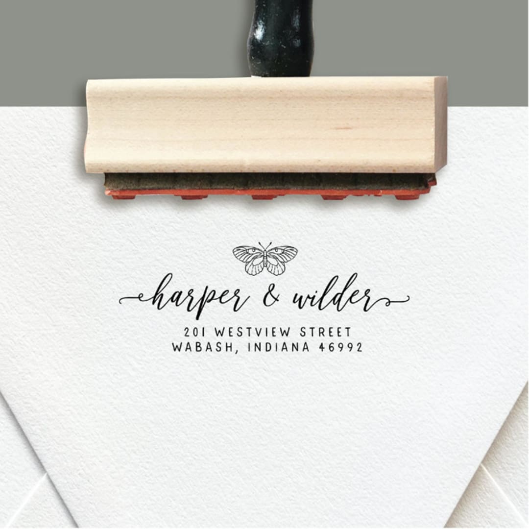 "Custom Return Address Stamp | Moth With Romantic Script Design" - Address Stamps in black by The Homebody Society