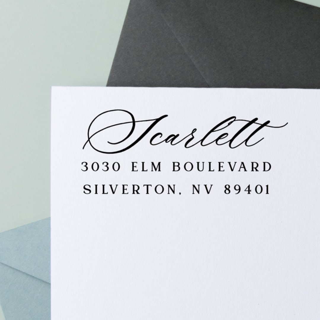 "Personalized Address Self-Inking Stamp with Elegant Calligraphy" - Address Stamps in black by Sara Luke