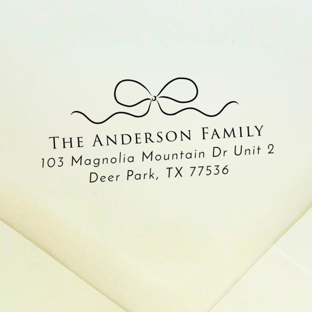 "Bow Address Stamp | Self Inking Return Address Stamp" - Address Stamps in black by Samantha Malvey