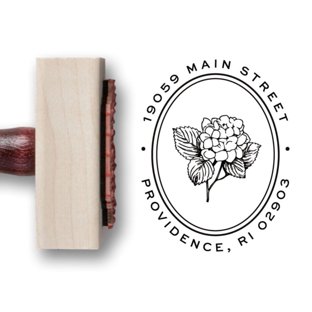 "Garden Hydrangea Address Stamp | Round Wooden Return Address Stamp" - Address Stamps in multicolorassorted-colors by Alyssa Cook