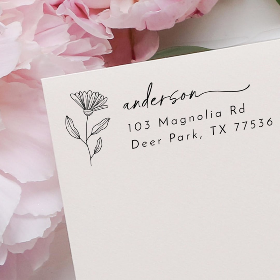 "Floral Address Stamp | Self Inking Return Address Stamp" - Address Stamps in black by Samantha Malvey