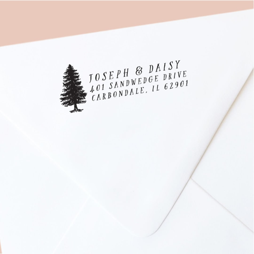 "Custom Return Address Stamp | Single Tree Design | Forest Themed Wedding | Self-Inking" - Address Stamps in black by The Homebody Society