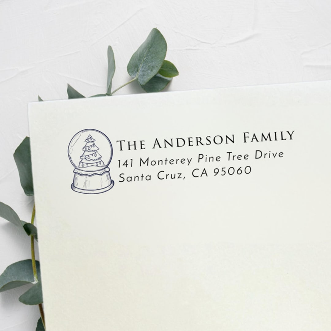 "Snowglobe Address Stamp, Left Aligned | Self Inking Return Address Stamp" - Address Stamps in black by Samantha Malvey