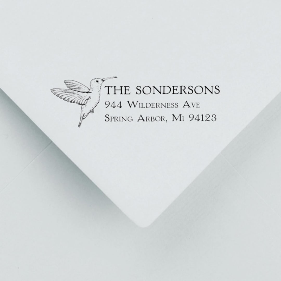 "Custom Hummingbird Address Stamp | Self-Inking Stamp" - Address Stamps in black by Sara Luke