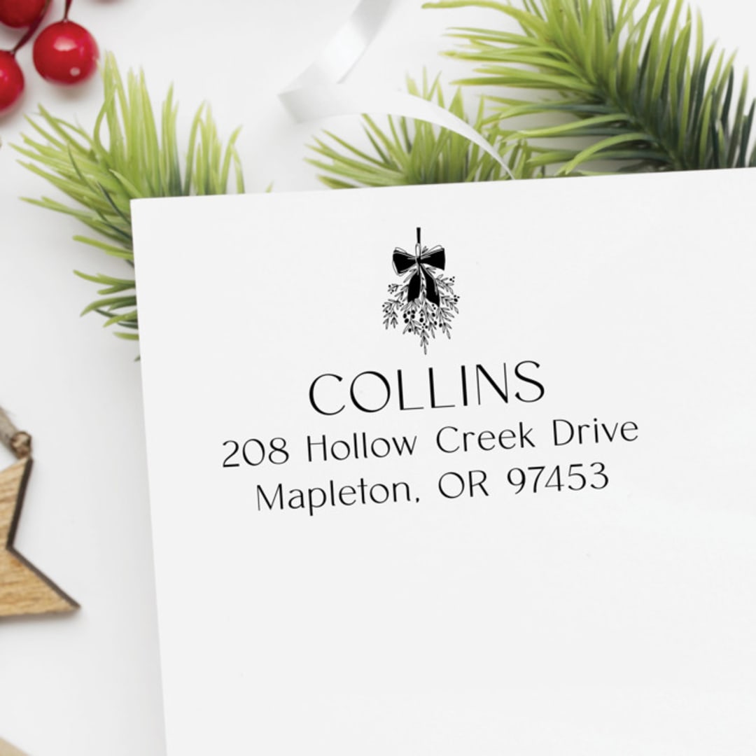 "Modern Mistletoe Christmas Address Stamp | Self-Inking" - Address Stamps in black by Sara Luke