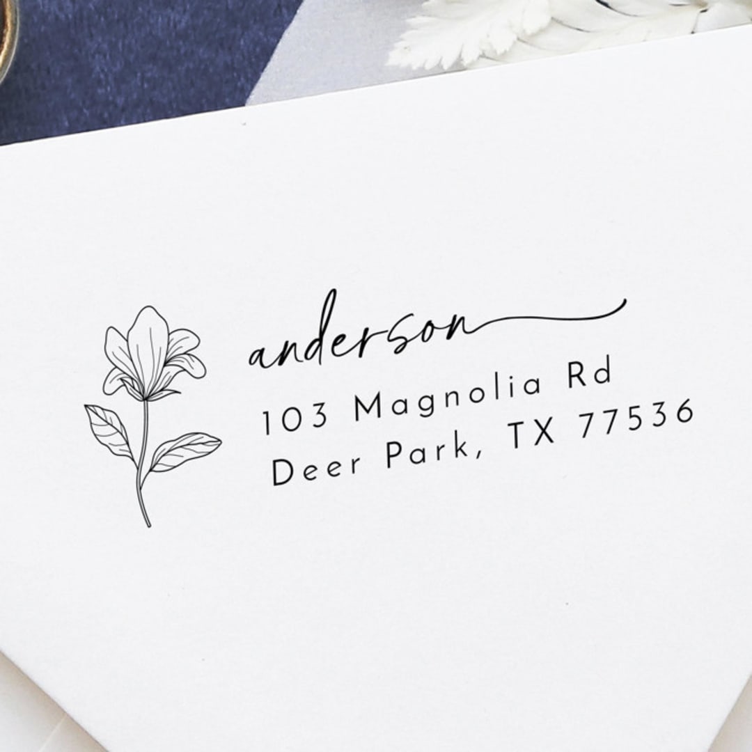 "Floral Address Stamp | Self Inking Return Address Stamp" - Address Stamps in black by Samantha Malvey