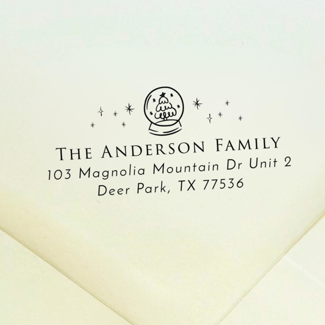 "Snowglobe Address Stamp | Self Inking Return Address Stamp" - Address Stamps in black by Samantha Malvey