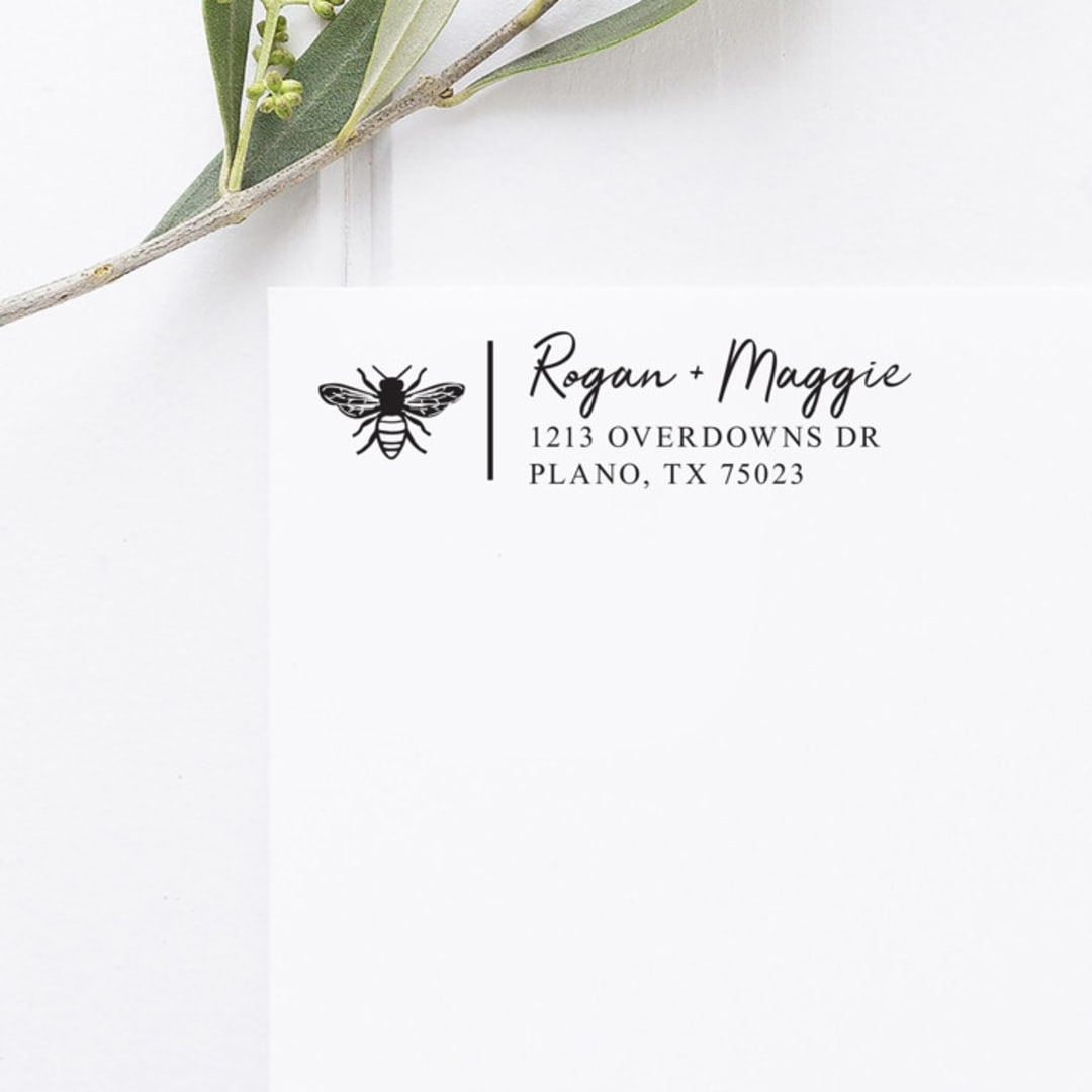 "Honey Bee Return Address Stamp, Rectangle Self Inking" - Address Stamps in black by Port of Reverie