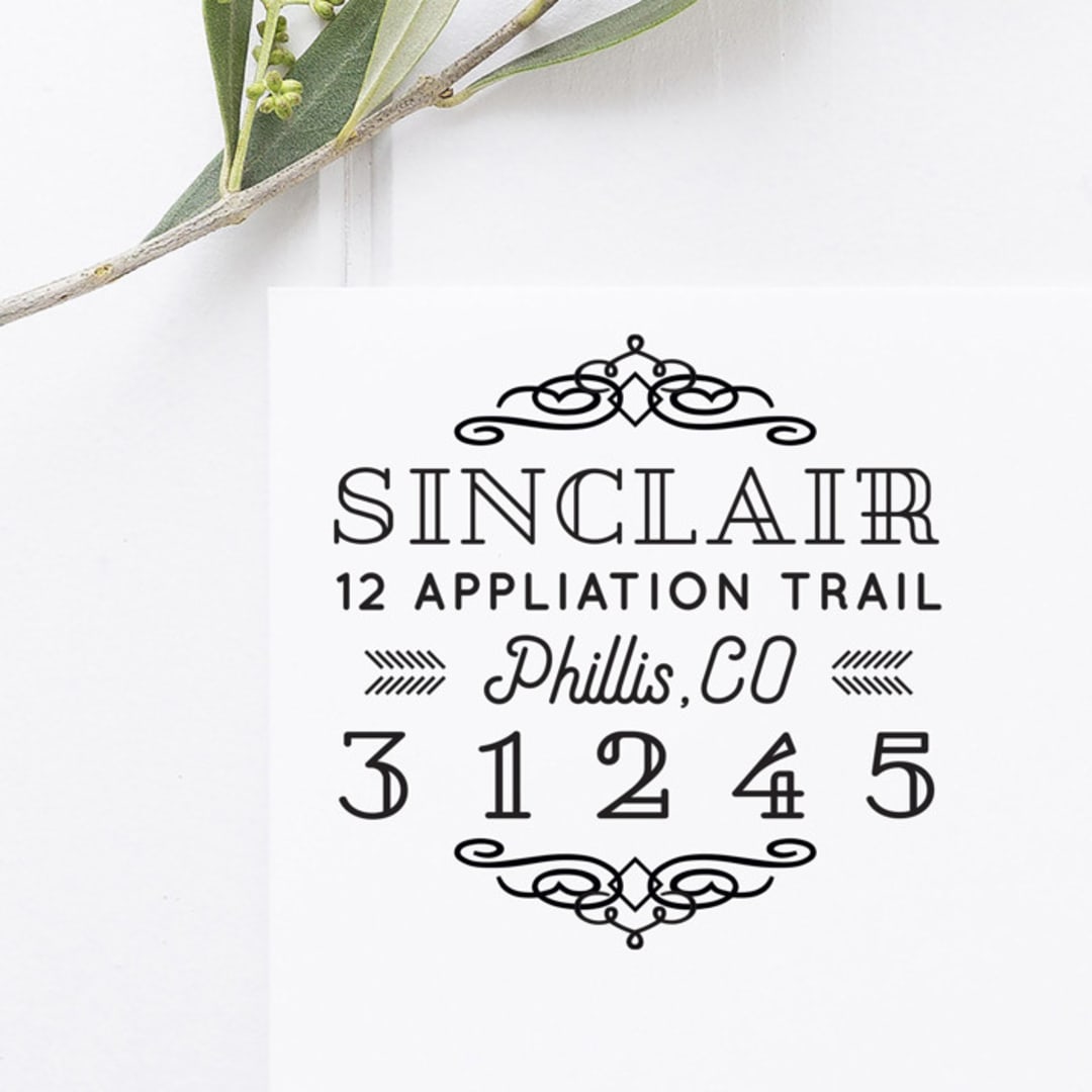 "Art Deco Return Address Stamp, Round Self Inking" - Address Stamps in black by Port of Reverie