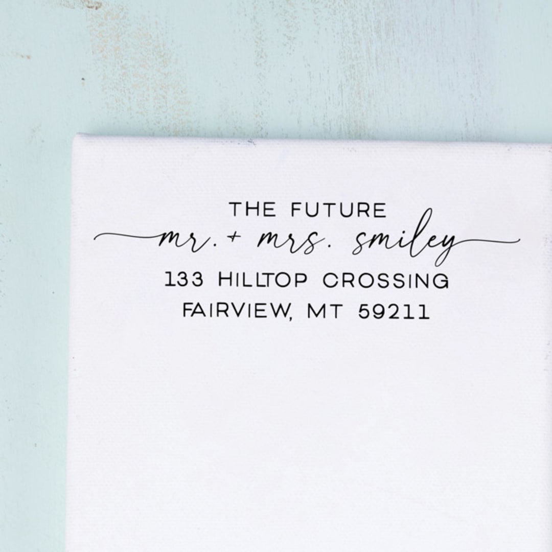 "Future Mr. and Mrs. Return Address Stamp for Wedding InvitationsModern Serif Self-Inking Stamp | Clean and RefinedPersonalized Self-Inking Stamp" - Address Stamps in black by Sara Luke