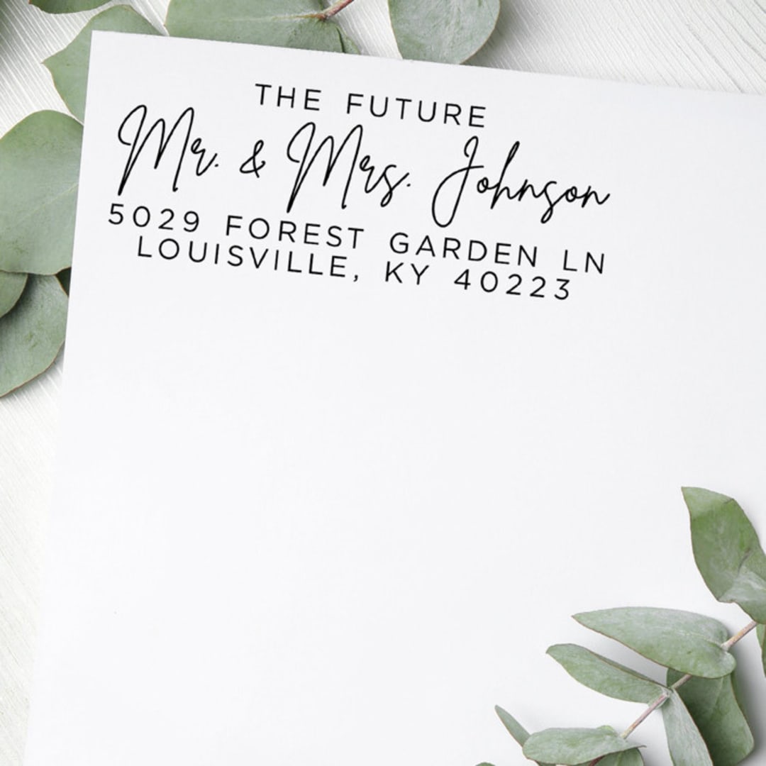 "Custom Future Modern Script Address Stamp | Self-Inking | Black Ink" - Address Stamps in black by Casey Harp